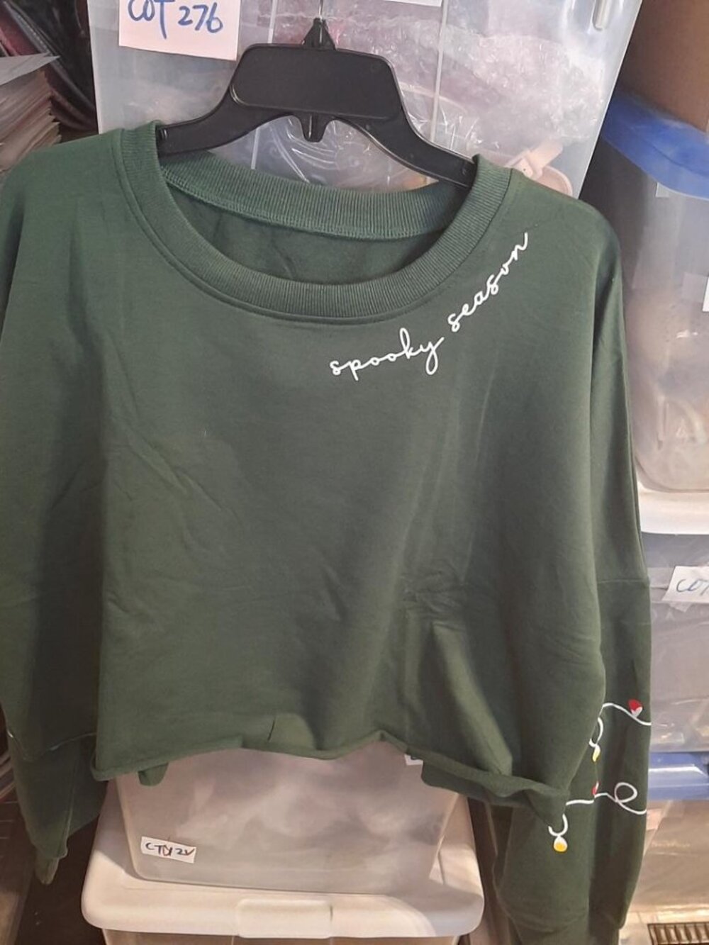 NEW ! WMN Spooky Season Graphic Sweater W White Embroidered Letting Green Sz 2XL